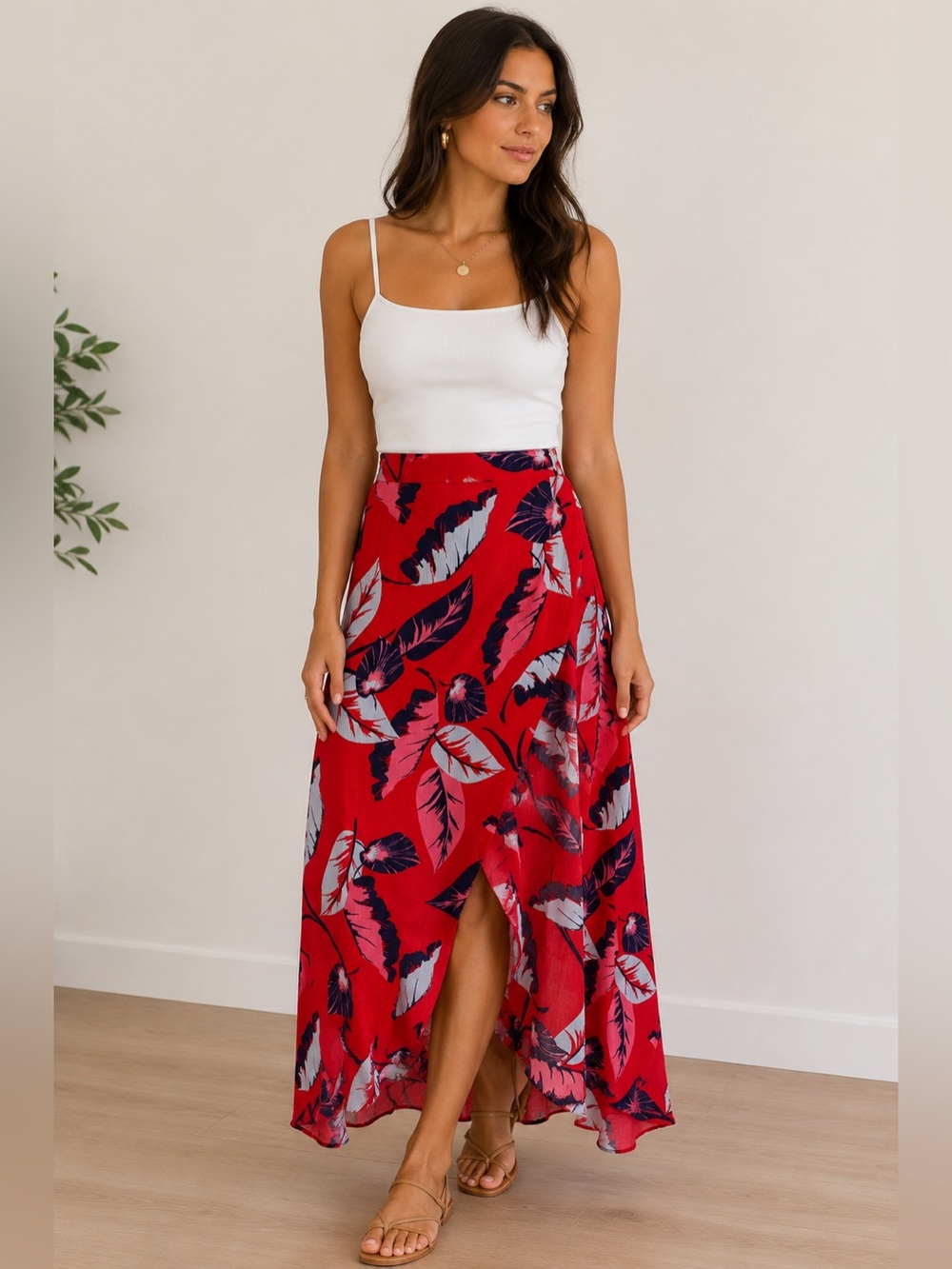 Express Red Floral Tropical High-Low Maxi Skirt